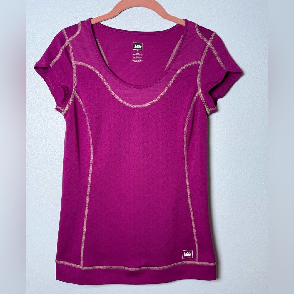 REI Short Sleeve Active Tee in purple with Contrast Stitching
